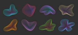 Set of 8 abstract graphic flowing liquid, fluid, organic shapes elements. Dynamic amorphous vector gradient waves and lines. Retro futurism and memphis vaporwave geometric, retro 80s and 90s cyberpunk