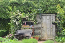 Wooden bench flower hanging basket weather vane garden potting and storage shed in the English countryside Timber used in construction of British garden furniture originates from sustainable forests