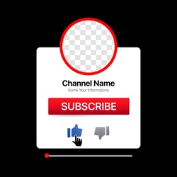 Youtube Profile Interface. White Pop Up Window. Subscribe Button. Bell, Like. Vector Illustration with Blank Background