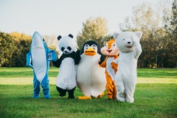 Group of mascots doing party. Concept about carnival, animals rights and lifestyle