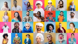 Collection bundle of different people  and ethnicities. Collage with men and women faces and various characters on colored backgrounds. Conceptual image about lifestyle and mankind
