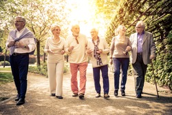 Group of old people walking outdoor. Old friends walking in a park during a sunny day