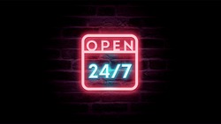 Neon sign Open 24 7 light background. Realistic glowing shining design element for open 24 hours sign Hours Club, Bar, Cafe 7 days
