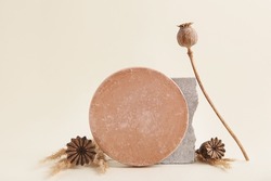 Minimalist monochrome still life. Abstract nature scene composition of stones, Dried Poppy Seed. Neutral beige background for cosmetic, identity, packaging.