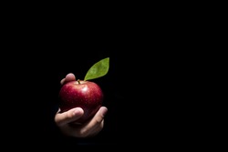 Hand offering a red apple on a black background. 