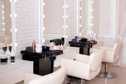 Working places for masters in hairdressing beauty salon. Modern design and interior. 