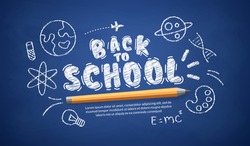 Welcome back to school text on blue board, Relistic pencil with doodles background
