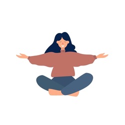Happy woman sits in lotus pose and open her arms to the rainbow. Smiled girl creates good vibe around her. Smiling female character enjoys her freedom and life. Body positive and health care concept