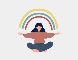 Happy woman sits in lotus pose and open her arms to the rainbow. Smiled girl creates good vibe around her. Smiling female character enjoys her freedom and life. Body positive and health care concept