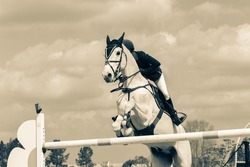 Equestrian white grey horse rider unrecognizable person in mid flight jumping gate poles frontal head on sepia cross photo.