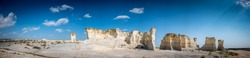 Panoramic of Monument Rocks in Grove County, Kansas. The chalk rock formation is a listed National Natural Landmark.