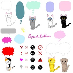 Collection of skinny cats, icons and speech balloons
