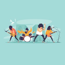 Rock band, concert, performance, musicians play instruments and sing. Flat design vector illustration.