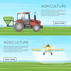 Tractor pours fertilizer. Flying yellow plane spraying agricultural chemicals pesticide. Vehicles. Harvesting. Flat design vector.