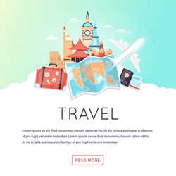 Page web design template World Travel, summer vacation, tourism and journey. Trip plan. Flat design vector illustration. 