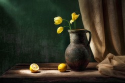 Classic still life with bouquet of three yellow tulip flowers in old vintage jug, two cut lemon fruits and drapery in beam of light on green background and old wooden table. Art photography.