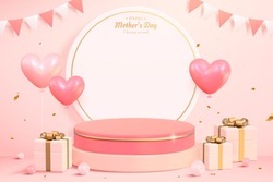 3d product display podium. Composition design with round paper, gift boxes, and heart shape balloons. Minimal pink background for Mother's day and Valentine's Day.