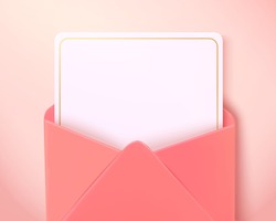 Top view of blank paper card in an open pink envelope. 3d love letter isolated on pink background, suitable for Mother's Day and Valentine's Day.