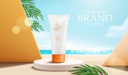 3d summer sunscreen tube ad banner. Illustration of sunblock product display on round podium at hot beach sand