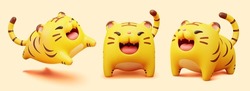 Chubby tiger figurines. 3d rendering illustration of three open mouthed tigers standing and jumping