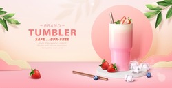 Pink tumbler banner ad. 3D Illustration of a gradient tumbler bottle loaded with strawberry shake displayed on podium, with berries, ice cubes and stainless straw around