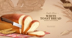 White toast bread ad. 3D Illustration of a realistic loaf of white bread sliced with a bread knife on plaid red gingham tablecloth on engraved background of bread making scene