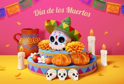 3d day of the dead poster.3d Illustrated sugar skull, marigold, bread, decorations on a display pedestal. Festive dia de los muertos setting.