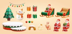 Cute cartoon 3d Christmas decoration element set isolate on beige background.