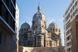 Cathedral de la Major in Marseille, France. View close between two modern buildings.