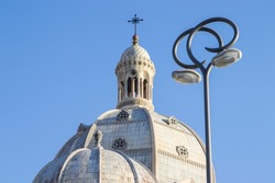 Cathedral de la Major in Marseille, France. View of the main dome cand a modern street light in the foreground.