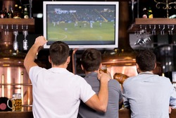 Watching a soccer match. Rear view of three happy men watching a soccer match and gesturing while sitting in bar