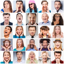 Diverse people with different emotions. Collage of diverse multi-ethnic and mixed age range people expressing different emotions 