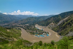 twisting river in muzafarabad , 
The Jhelum River is a river that flows from the Indian-administered territory of Jammu and Kashmir ,landscape photos of Kashmir, Pakistan 