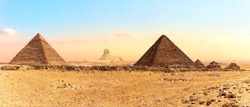 The Great Sphinx between the Pyramids, panorama shot, Giza, Egypt