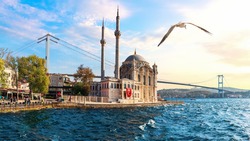 Seagull flies by the Bosphorus bridge and Ortakoy Mosque, Istanbul