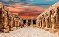 Statues of the Great Temple of Amun at sunset, Karnak Temple most famous view, Luxor, Egypt