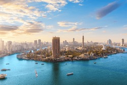 View on the Nile and Gezira Island of Cairo, panorama from above, Egypt