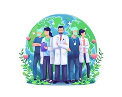 World Health Day illustration concept with a Group of staff medical doctors and nurses standing in front of the world globe. vector illustration