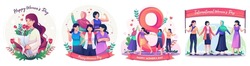 Set of International Women's Day concept with happy multinational diverse women celebrate womens day. Struggling for freedom, independence, equality. Flat style vector illustration