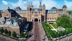 Rijksmuseum in Amsterdam, Netherlands. Aerial view of Dutch national museum in Amsterdam city. Famous place of Art with the greatest masterpieces of Rembrandt and Van Gogh.