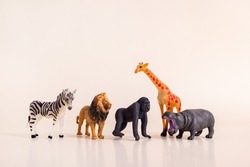 Group of plastic toy animals, Elephant, Tiger, Lion and Cheetah - Miniature plastic toy animals 