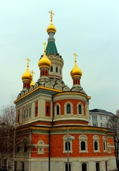Orthodox Christian Church of St. Nicholas in Vienna. A building with domes and crosses on them.