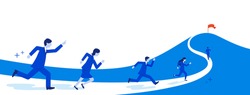 Businessperson running to mountain peak,copy space,vector illustration