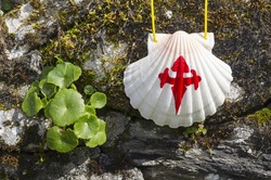 pilgrim shell  on the rocks in  Way of St James,  Camino de  Santiago, to  Compostela, Galicia, Spain