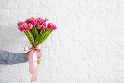 Banner. A man's hand holds a beautiful bouquet of tulips against a white brick wall. Greeting card for March 8 and International Women's Day. The concept of congratulations and celebration.
