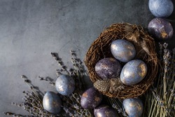 Easter card with a copy of the place for the text. Purple, blue and golden eggs with lavender on a dark background. The purple hue trend of 2022 is very relevant. Natural dye karkade tea. Top view.
