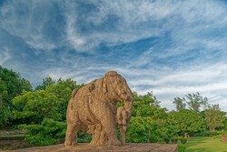 07 23 2007 Vintage Elephant statue Carved  Konark Sun Temple built in the 13th century.is a UNESCO world heritage site.Orissa Odisha, India Asia.