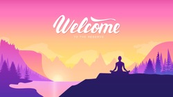 yoga training in nature illustration concept. Healthy lifestyle background. Silhouette young woman yoga at mountain lake at sunset design. Morning sport activity relax 