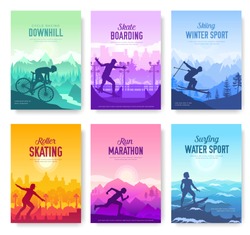 colorful covers with various sports rest day vector brochure cards set. Extreme on nature template of flyear, magazines, poster, books, banners. Active lifestyle invitation concept. Layout modern page