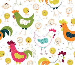 Chickens,  hen and rooster - vector Seamless pattern. Loop pattern for fabric, textile, wallpaper, posters, gift wrapping paper, napkins, tablecloths. Print for kids. Children's print